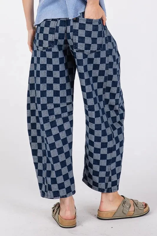 SAGE+FIG Barrel Style Leg Checkered Print Jeans