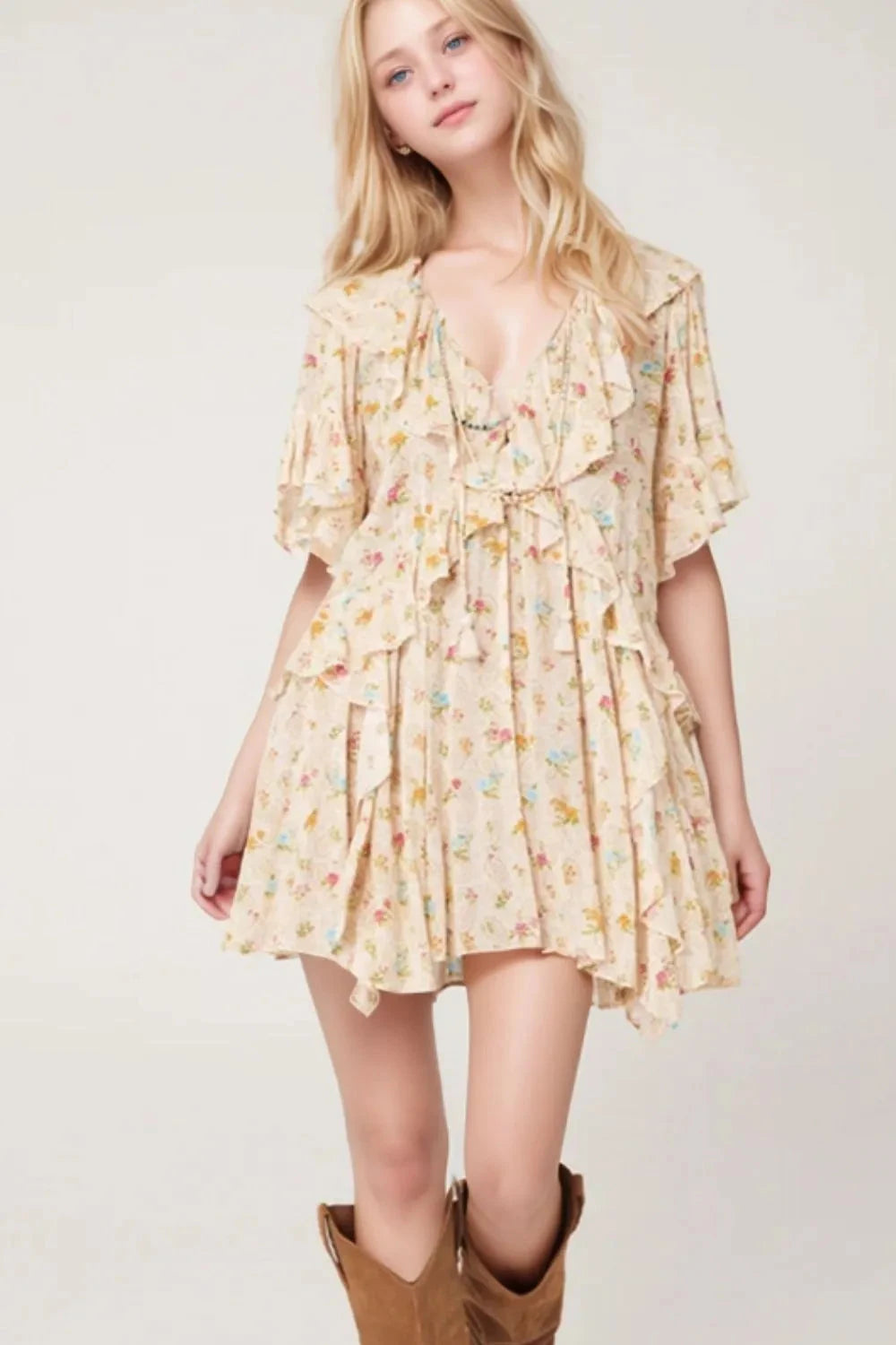 Boho Floral Tassel Tie V Neck Ruffle Wide Sleeve Mini Dress