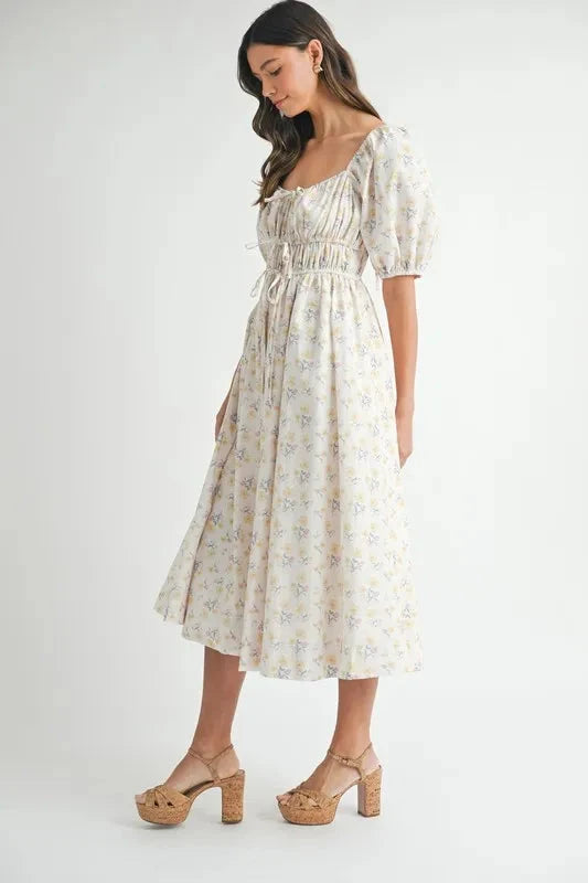 MABLE Floral Drawstring Detail Puff Sleeve Midi Dress