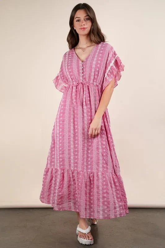 VERY J Embroidered Boho Ruffled Midi Dress