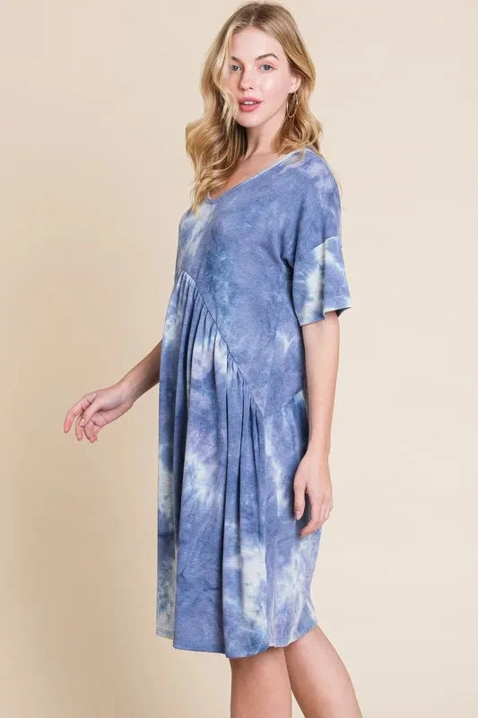BOMBOM Tie-Dye V-Neck Half Sleeve Dress