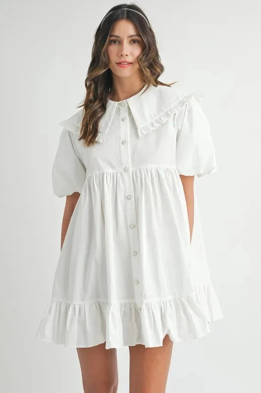 MABLE Ruffled Hem Peter Pan Collar Button Down Mini Dress