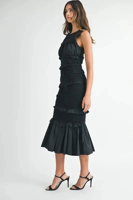 MABLE Ruffled Popcorn Smocked Mermaid Midi Dress