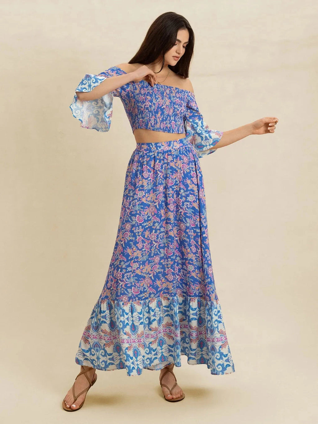 Smocked Off-Shoulder Printed Top and Skirt Set
