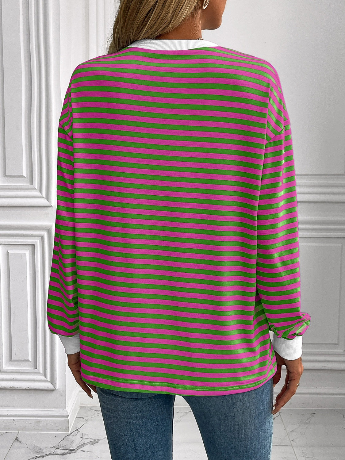 Ivy Lane Striped Round Neck Long Sleeve Sweatshirt - Laazaar