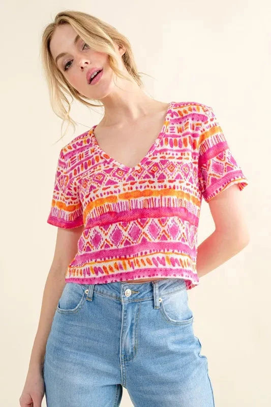And The Why Printed V Neck Cropped T-Shirt