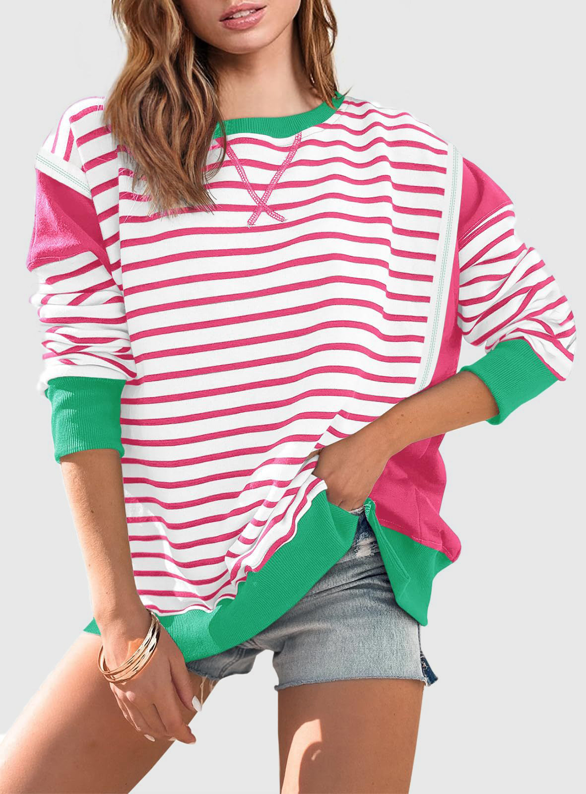 Slit Exposed Seam Striped Long Sleeve Sweatshirt - Laazaar