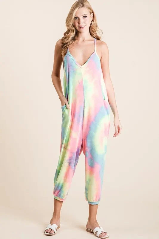 BiBi Tie Dye French Terry Mid-Length Casual Jumpsuit