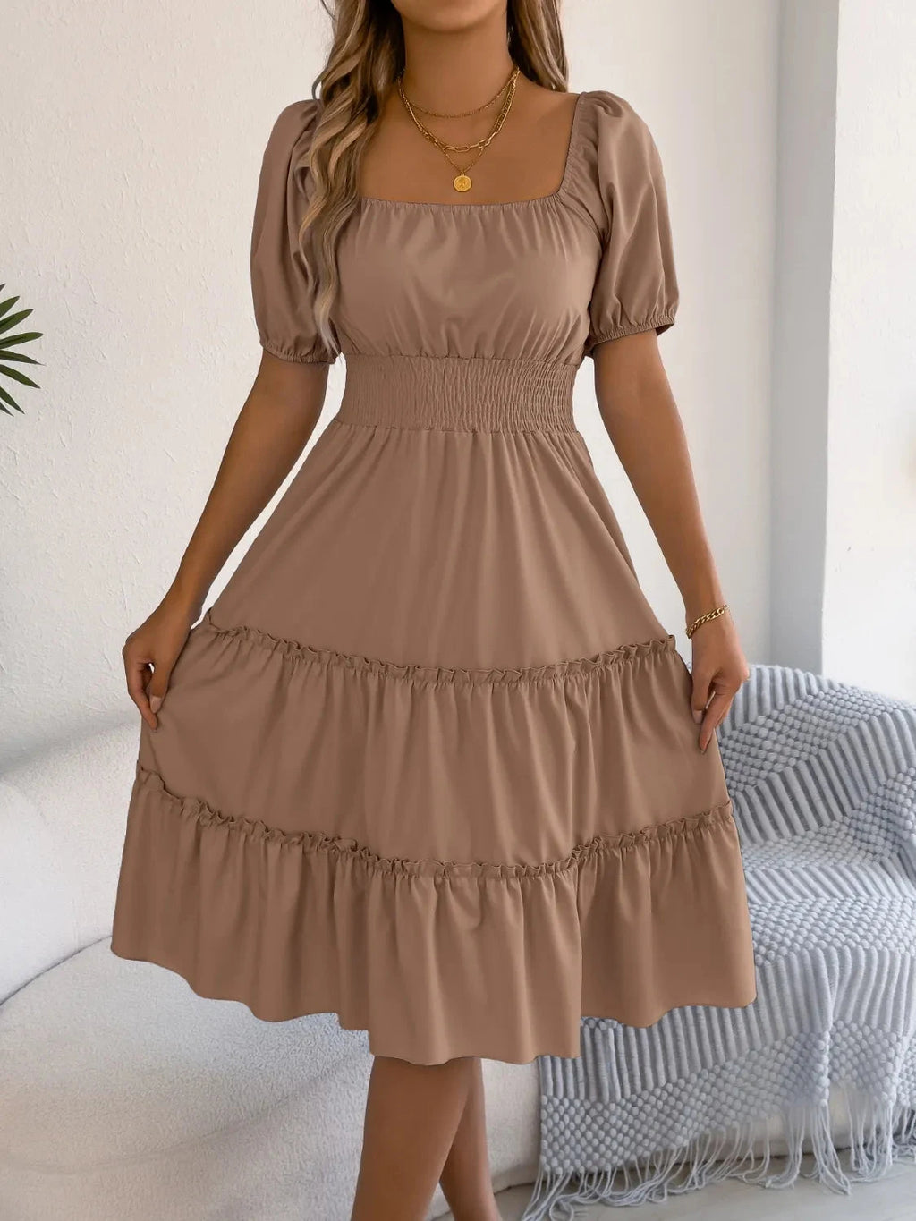 Square Neck Short Puff Sleeve Dress