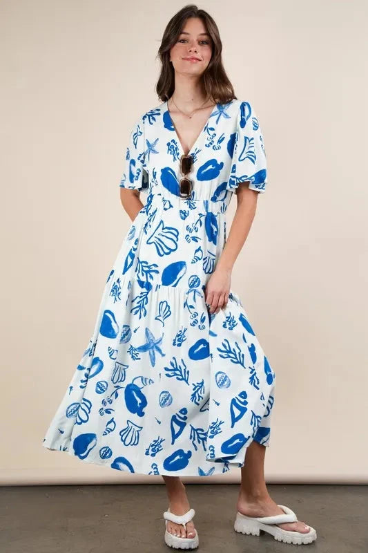 VERY J Printed V-Neck Resort Midi Dress