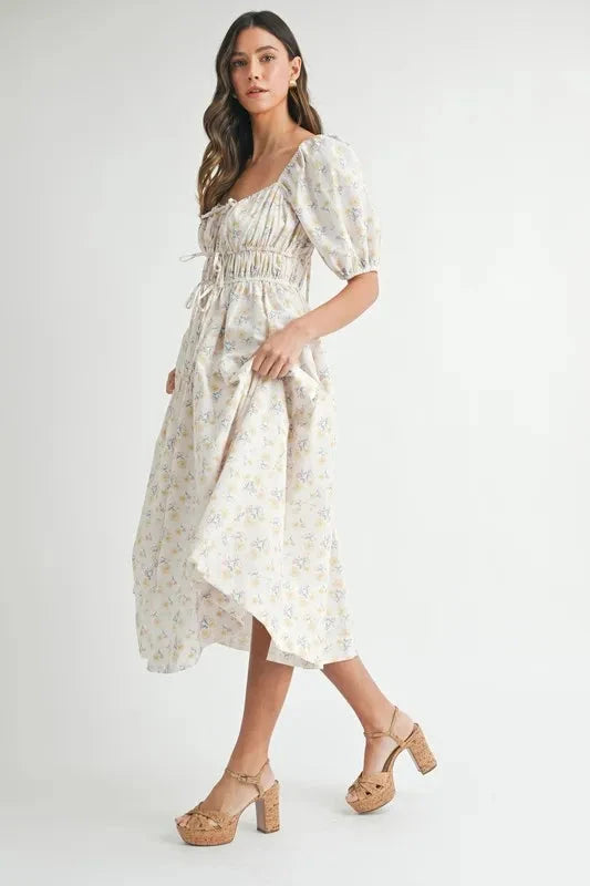 MABLE Floral Drawstring Detail Puff Sleeve Midi Dress
