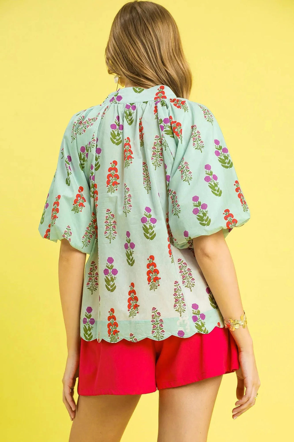 Umgee Floral Print Scalloped Hem Puff Sleeve Blouse