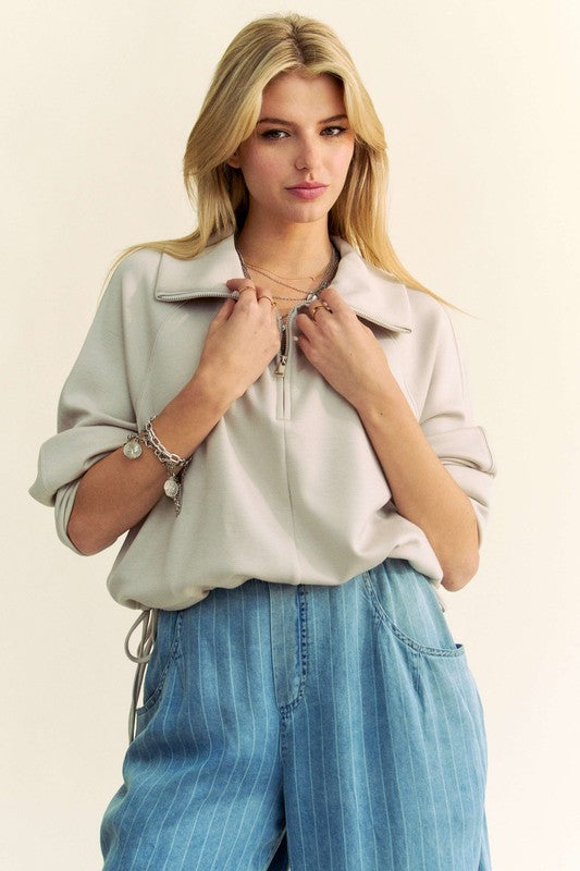 Davi & Dani Drawstring Hem Half Zip Raglan Sleeve Sweatshirt - Laazaar