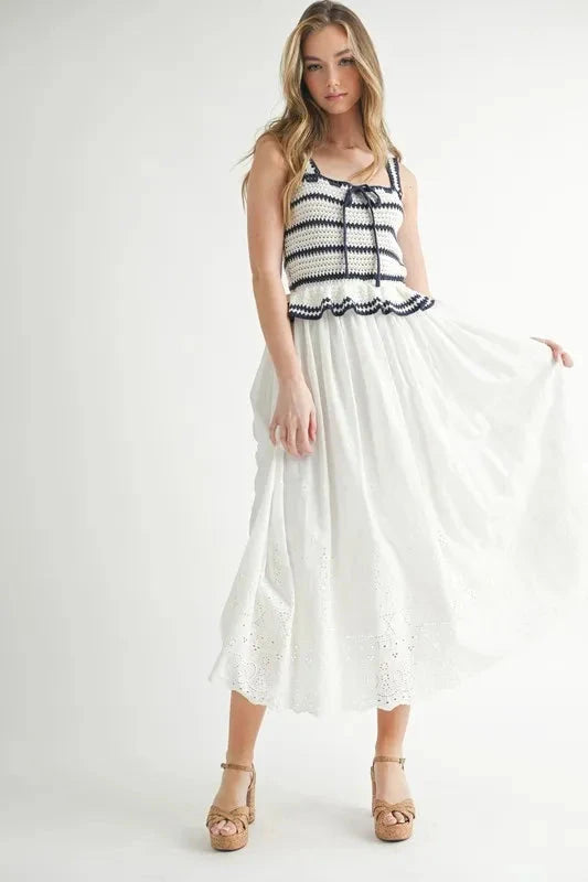 MABLE Crochet Stripe Knit Eyelet Mix Midi Dress