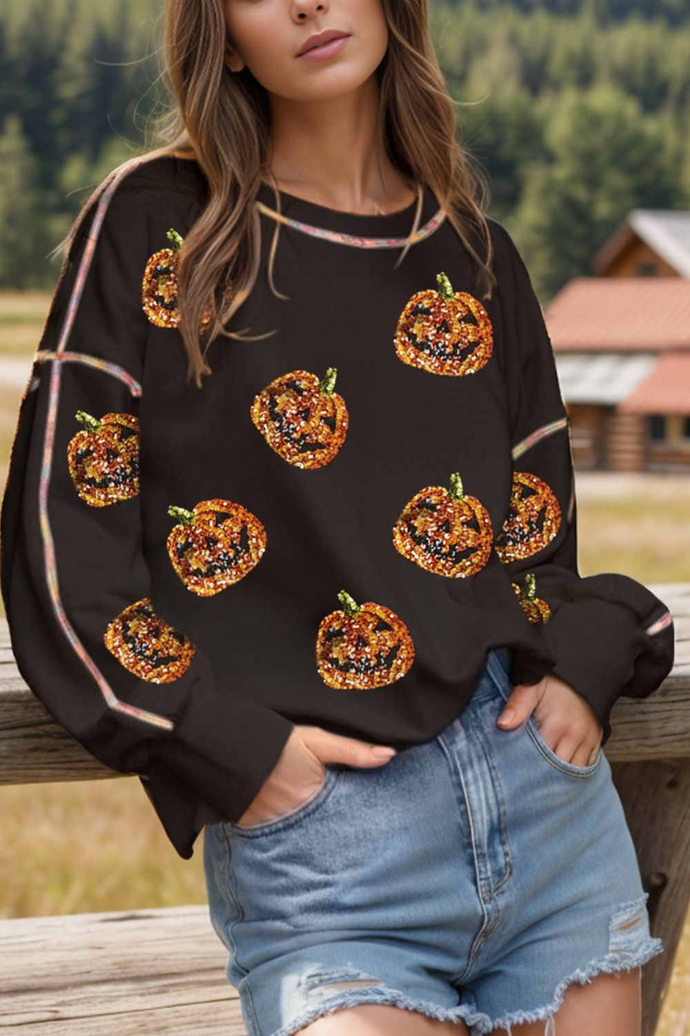 Sequin Pumpkin Round Neck Long Sleeve Sweatshirt - Laazaar