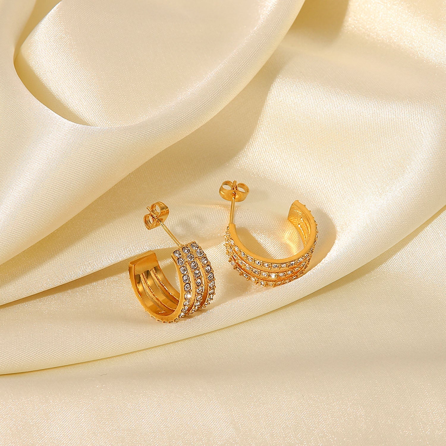 Stainless Steel Inlaid Zircon C-Hoop Earrings - Laazaar