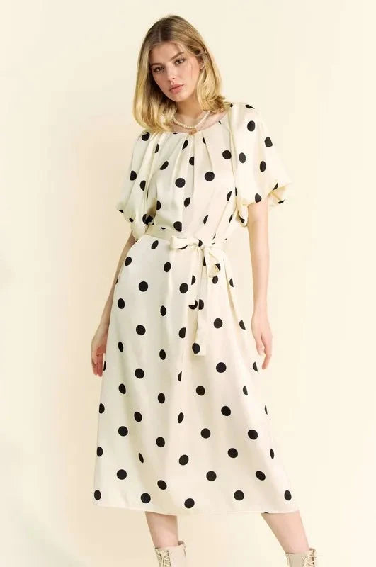 Davi & Dani Polka Dot Puff Sleeves Waist Tie Midi Dress