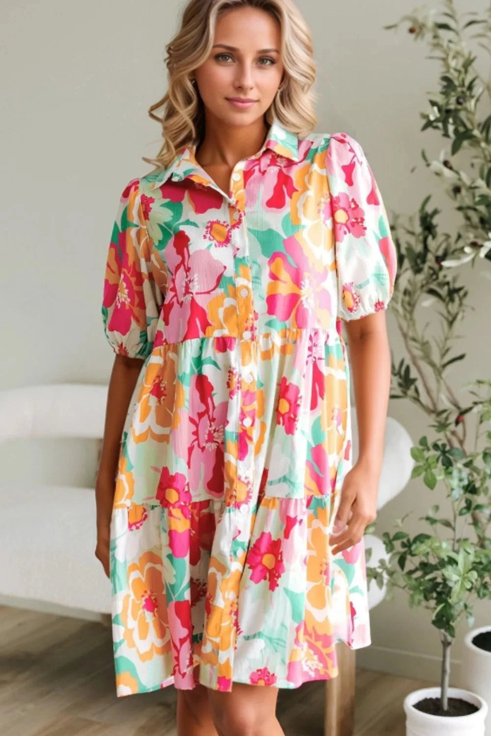 Button Down Floral Puff Sleeve Babydoll Dress