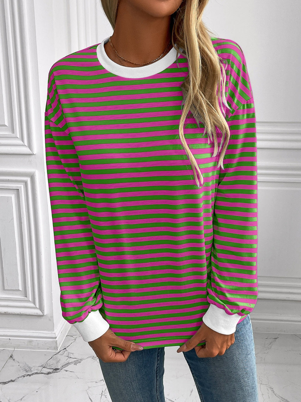 Ivy Lane Striped Round Neck Long Sleeve Sweatshirt - Laazaar