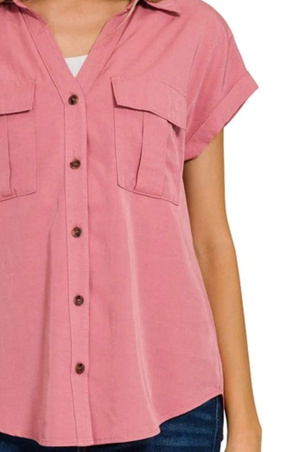 Zenana Tencel V-neck Collared Top W Front Flap Pockets
