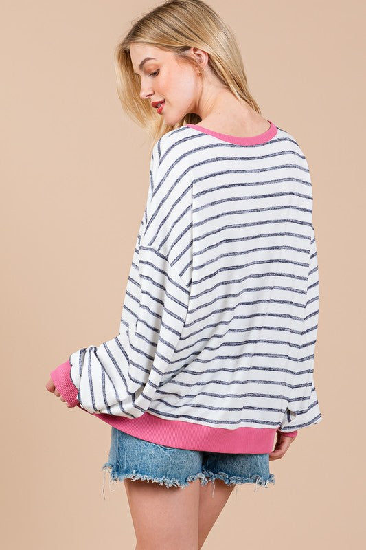 Ces Femme Striped Round Neck Drop Shoulder Sweatshirt - Laazaar