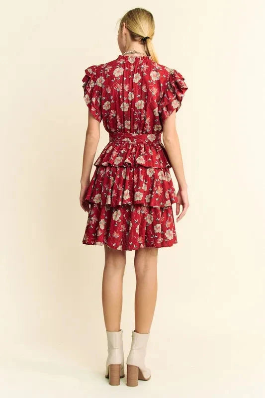 Davi & Dani Ruffle Flutter Sleeve Tie Belt Tiered Mini Dress