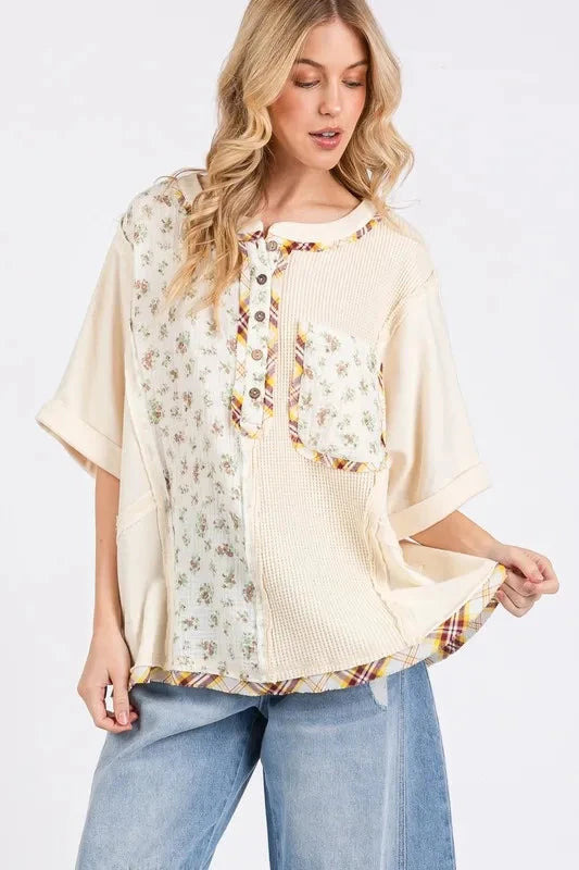 SAGE+FIG Half Button Floral Patchwork Top