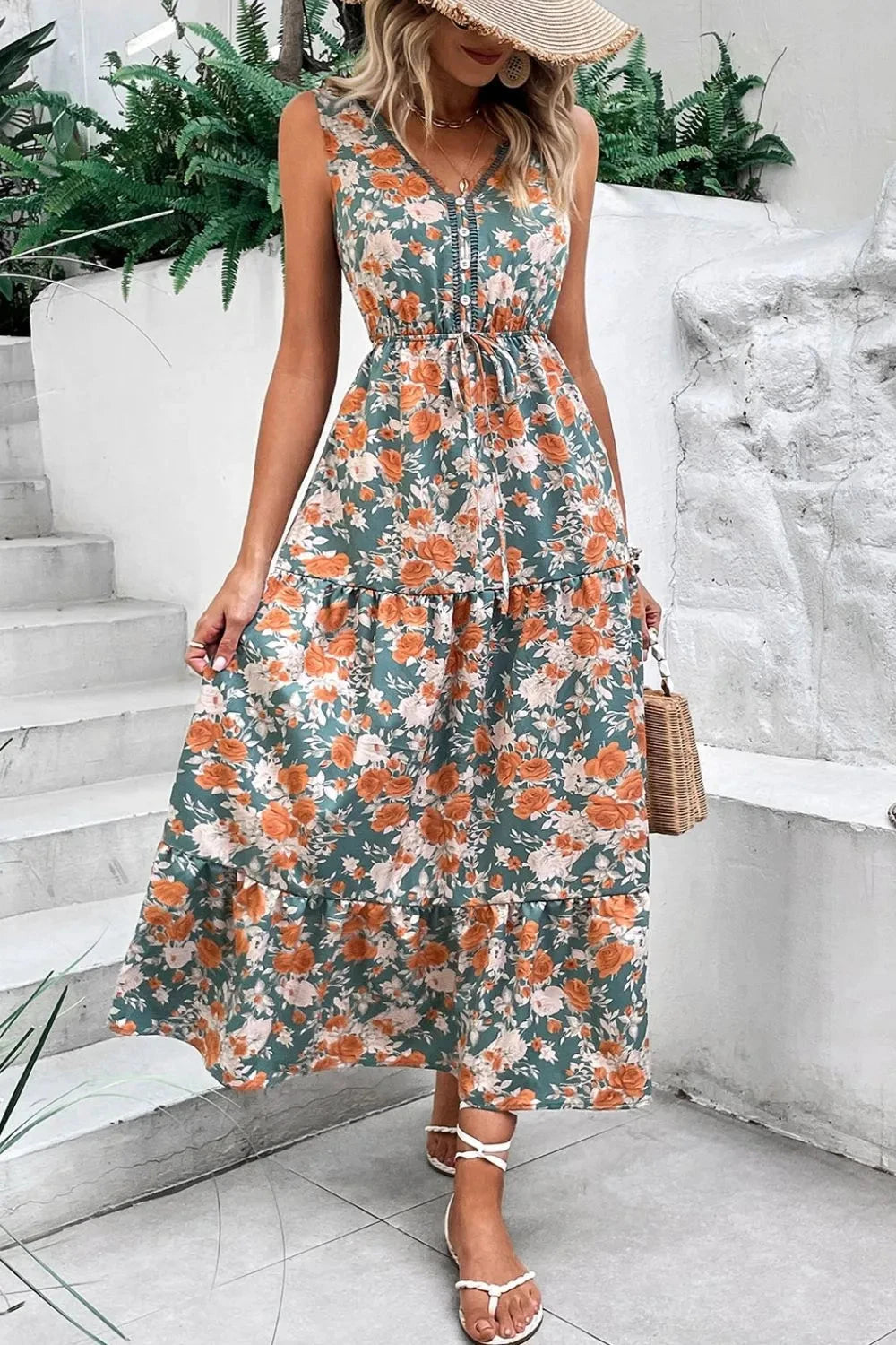 Floral Print Trimmed V Neck Tie Waist Sleeveless Dress