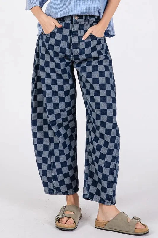 SAGE+FIG Barrel Style Leg Checkered Print Jeans