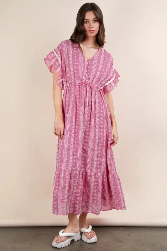 VERY J Embroidered Boho Ruffled Midi Dress