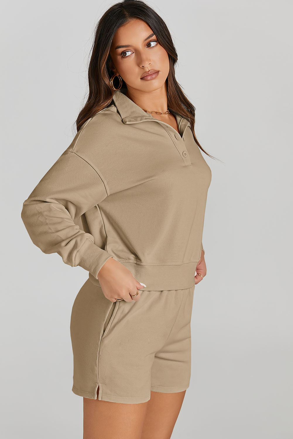 Half Button Sweatshirt and Shorts Active Set - Laazaar