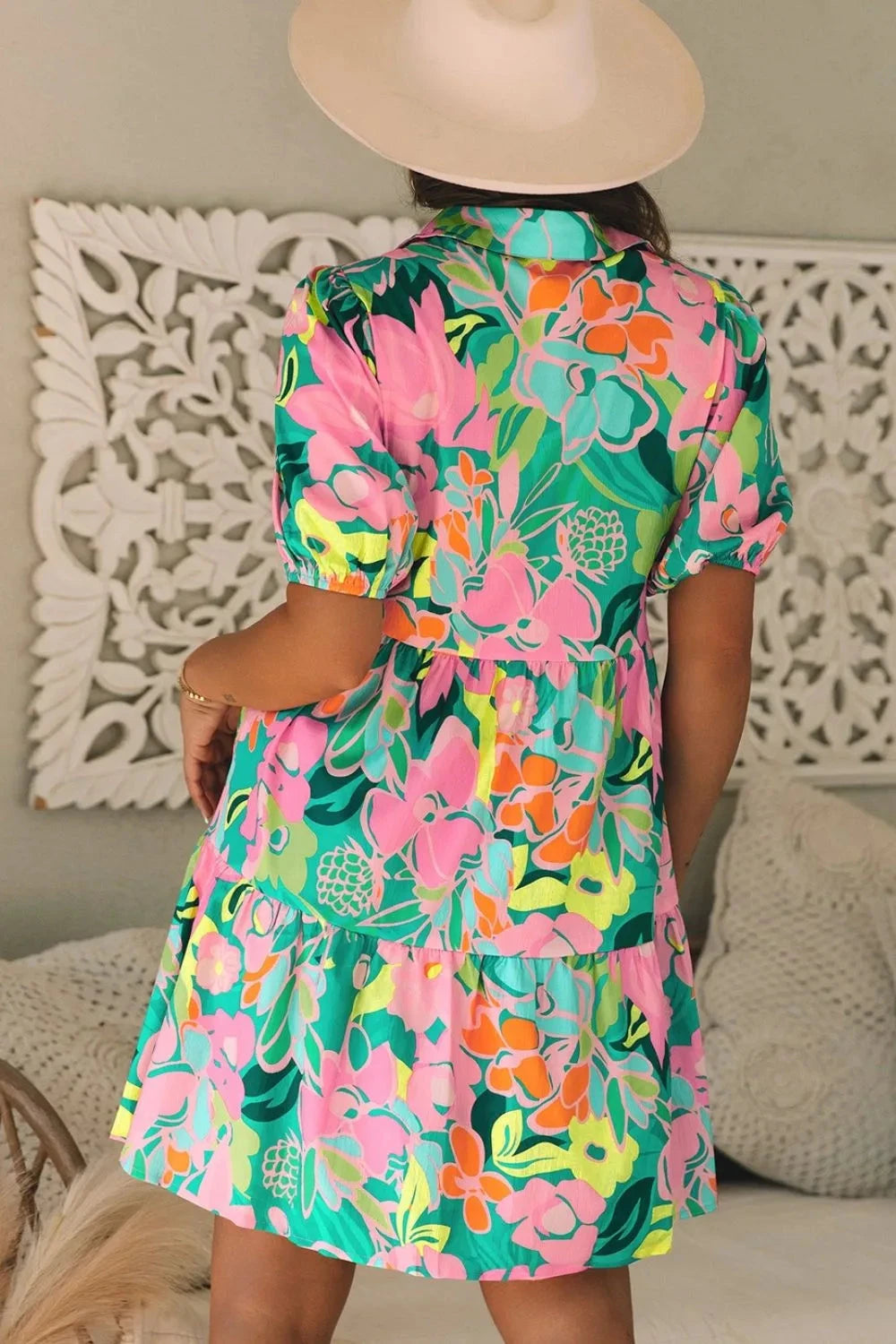 Button Down Floral Puff Sleeve Babydoll Dress