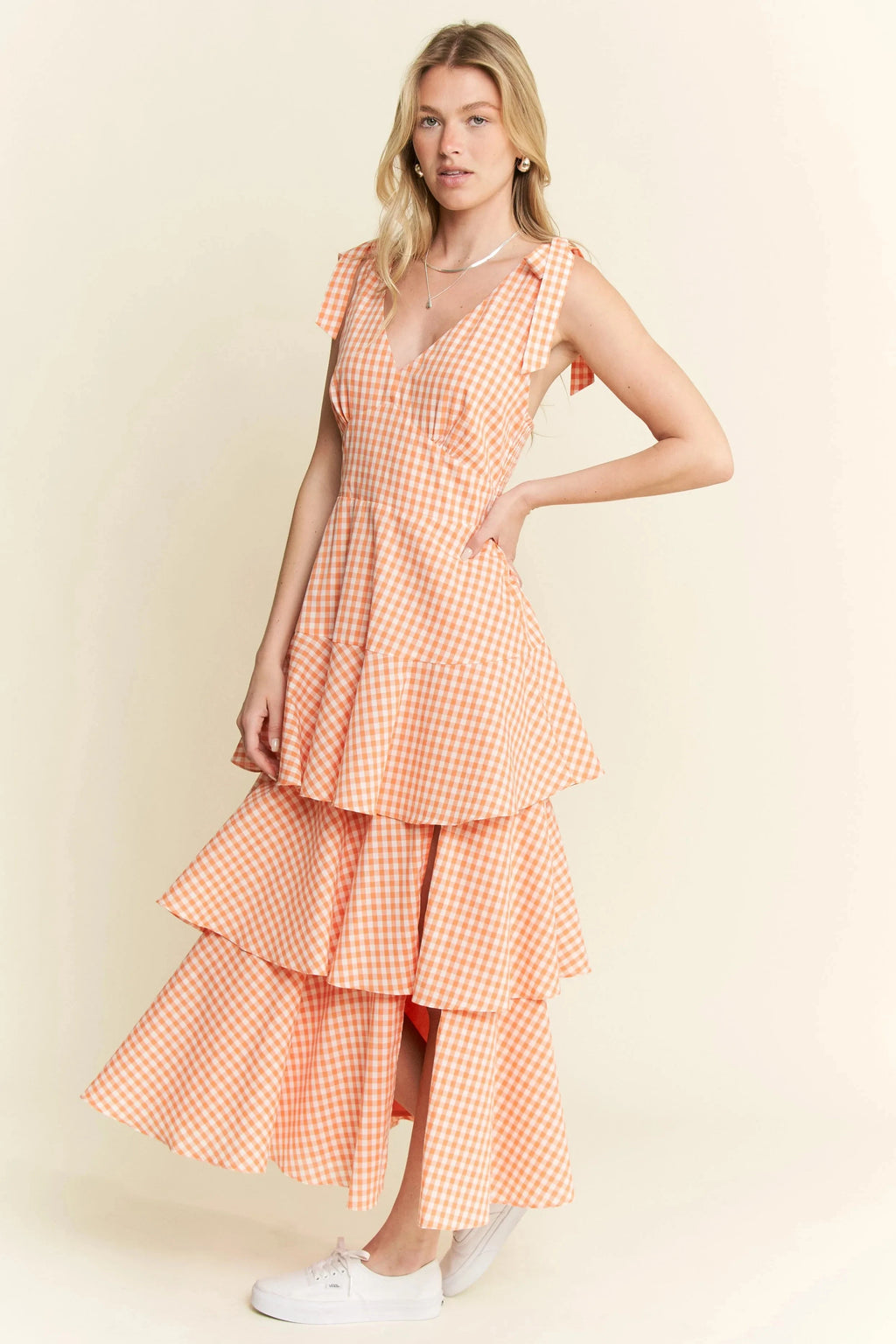 Jade By Jane Sleeveless Gingham Print Tiered Midi Dress
