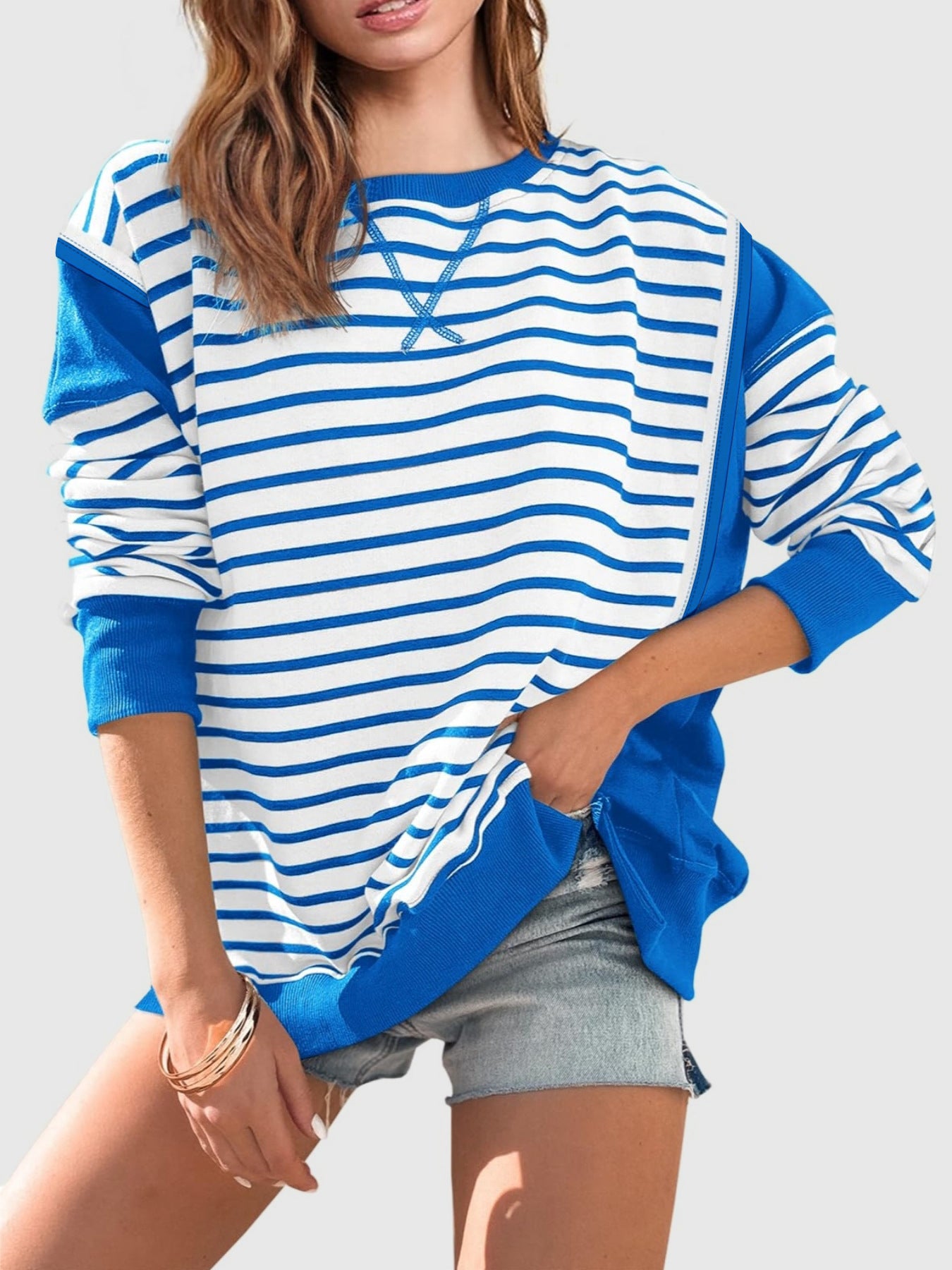 Slit Exposed Seam Striped Long Sleeve Sweatshirt - Laazaar