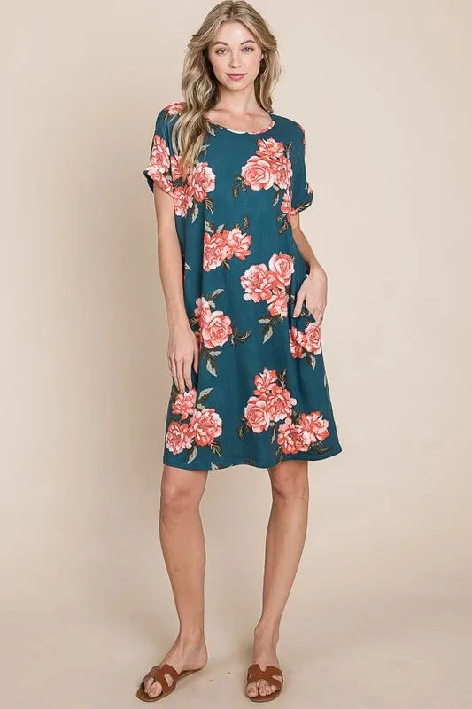 BOMBOM Floral Round Neck Short Tee Dress with Pockets