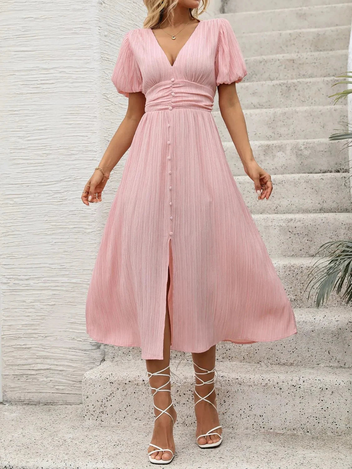 V-Neck Puff Sleeve Dress