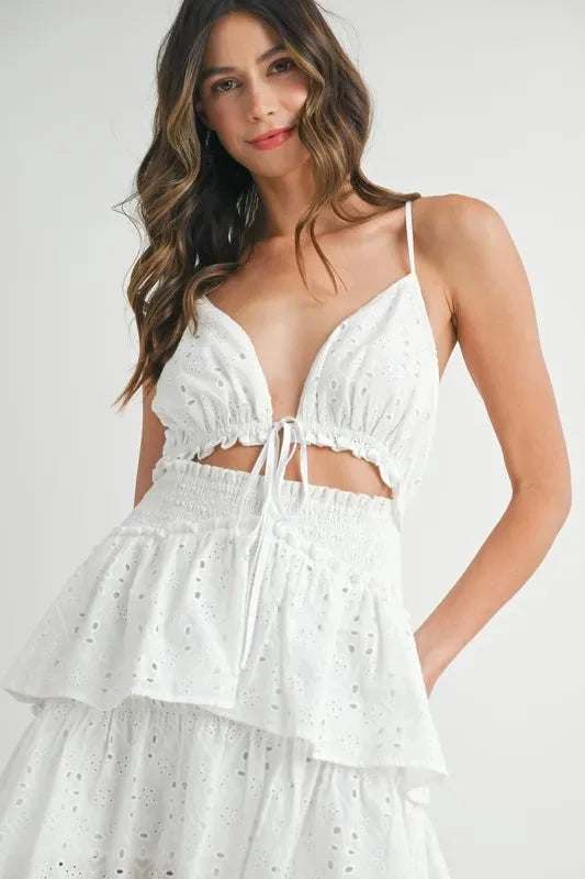 MABLE Lace Eyelet Ruffle Mini Dress With Front Cutout