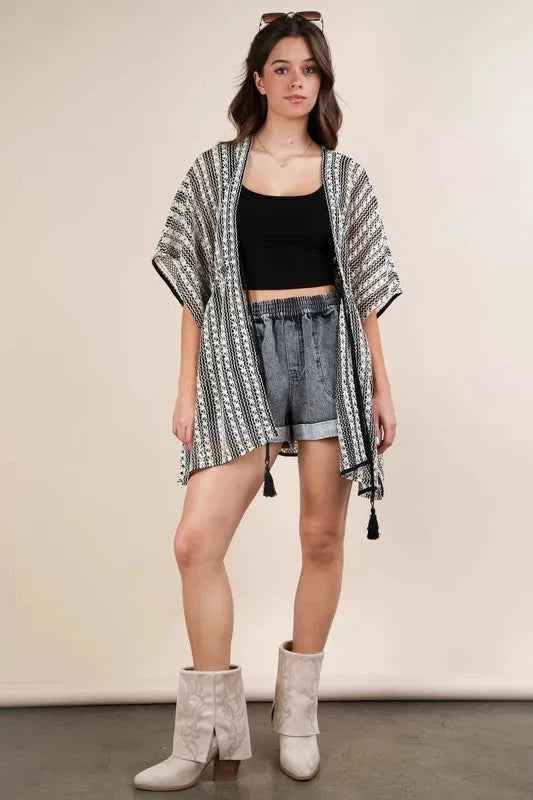 VERY J Full Size Striped Poncho Boho Cardigan Plus Size