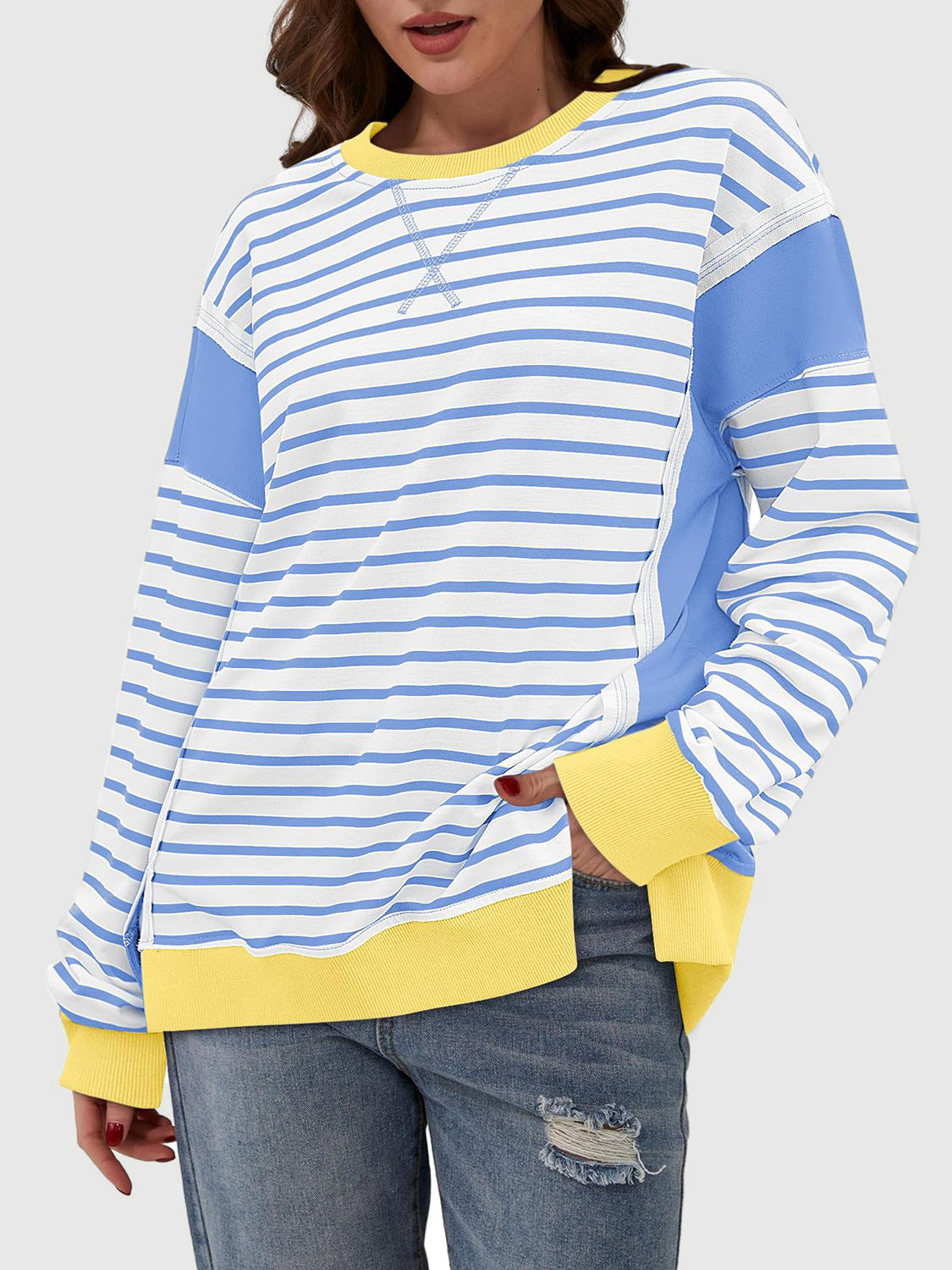 Slit Exposed Seam Striped Long Sleeve Sweatshirt - Laazaar