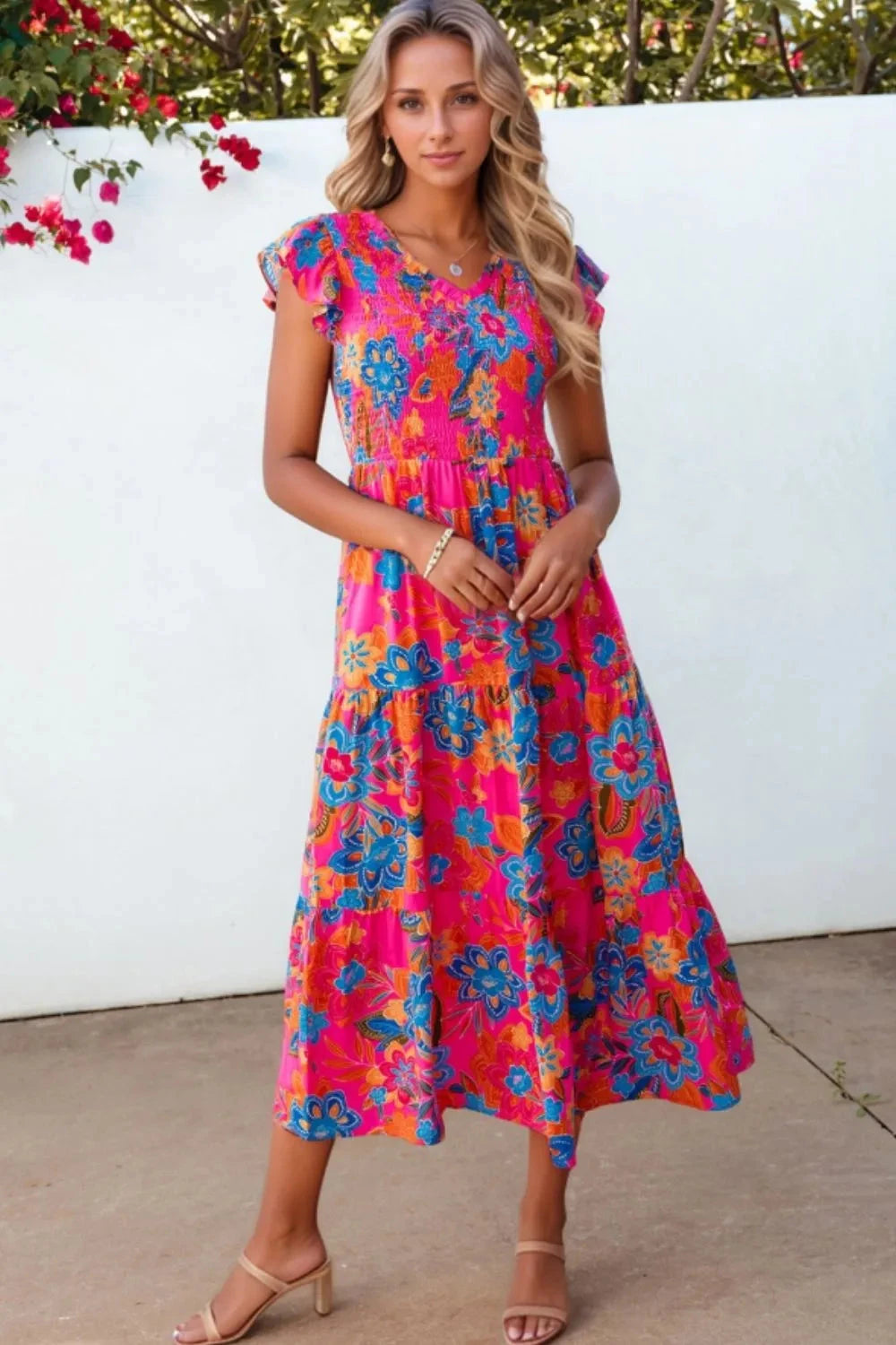 Boho Floral V Neck Ruffle Tiered Dress