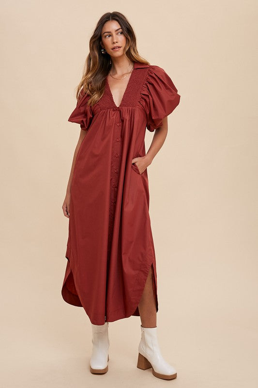 Annie Wear Smocked Puff Sleeve Midi Dress - Laazaar
