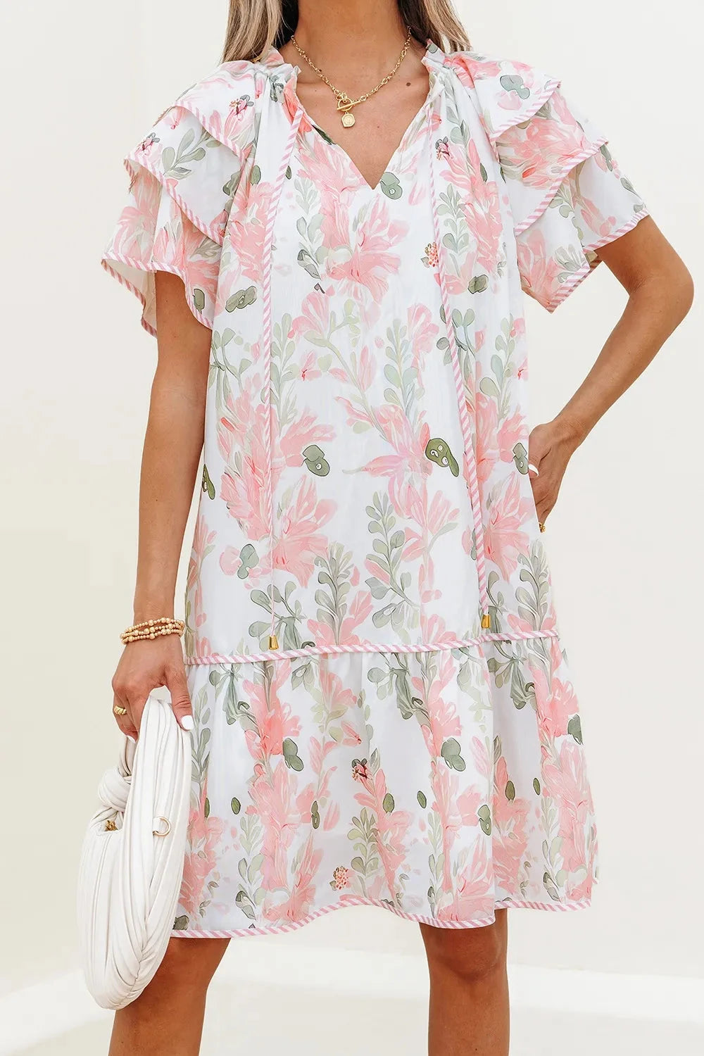 Floral Contrast Edge Layered Short Sleeve Mini Dress