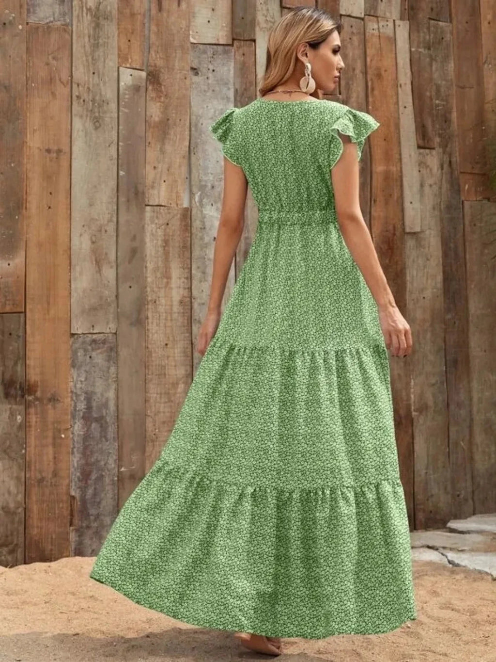 Printed V-Neck Ruffled Cap Sleeve Maxi Dress