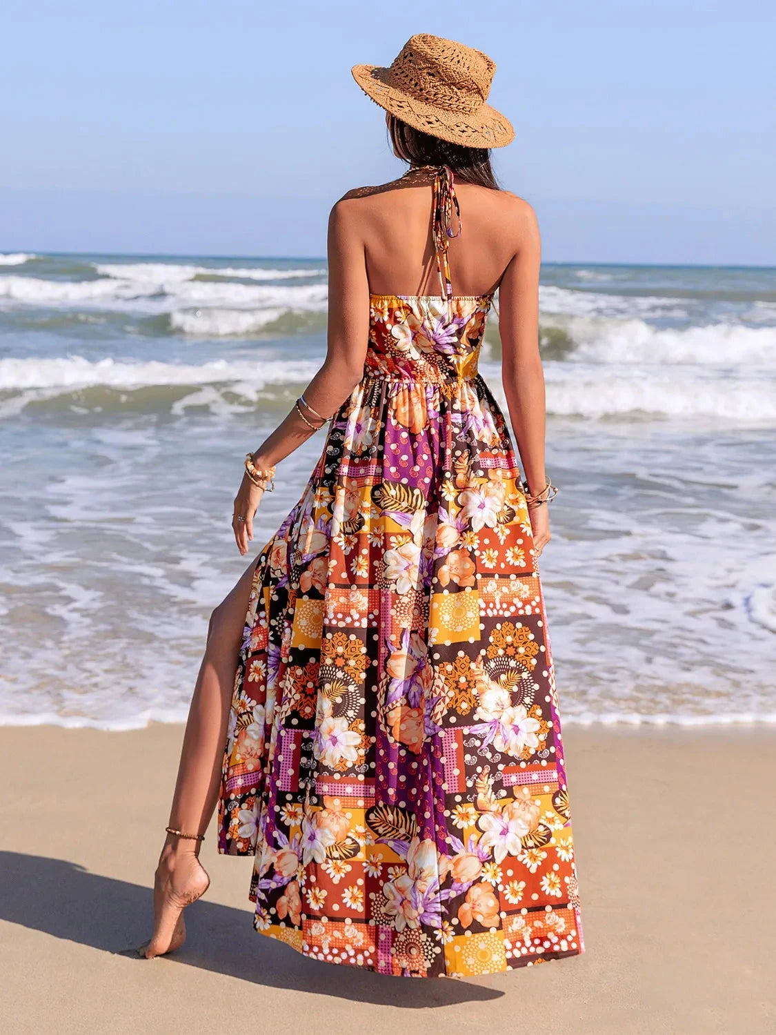 Slit Printed Halter Neck Cami Dress