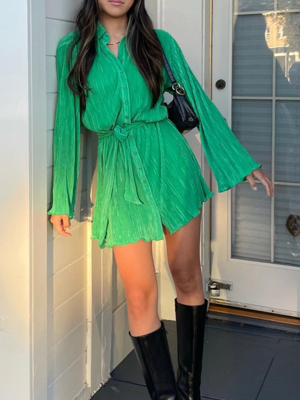 Tied Button Up Long Sleeve Dress - Laazaar