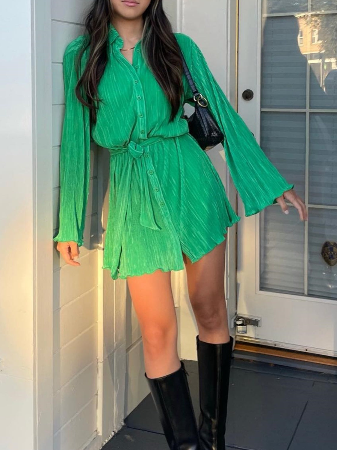 Tied Button Up Long Sleeve Dress - Laazaar