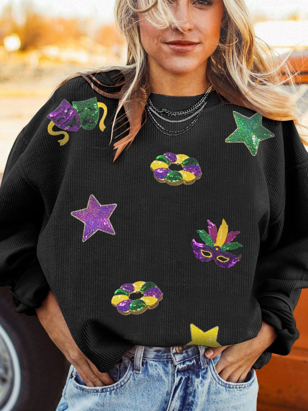 Sequin Round Neck Long Sleeve Sweatshirt - Laazaar