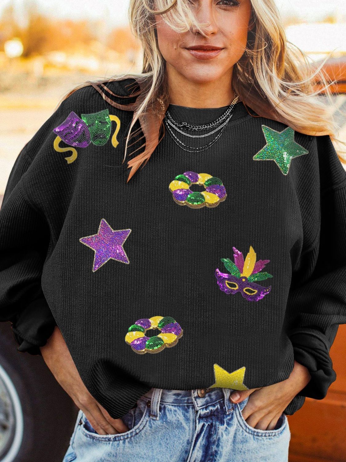 Sequin Round Neck Long Sleeve Sweatshirt - Laazaar