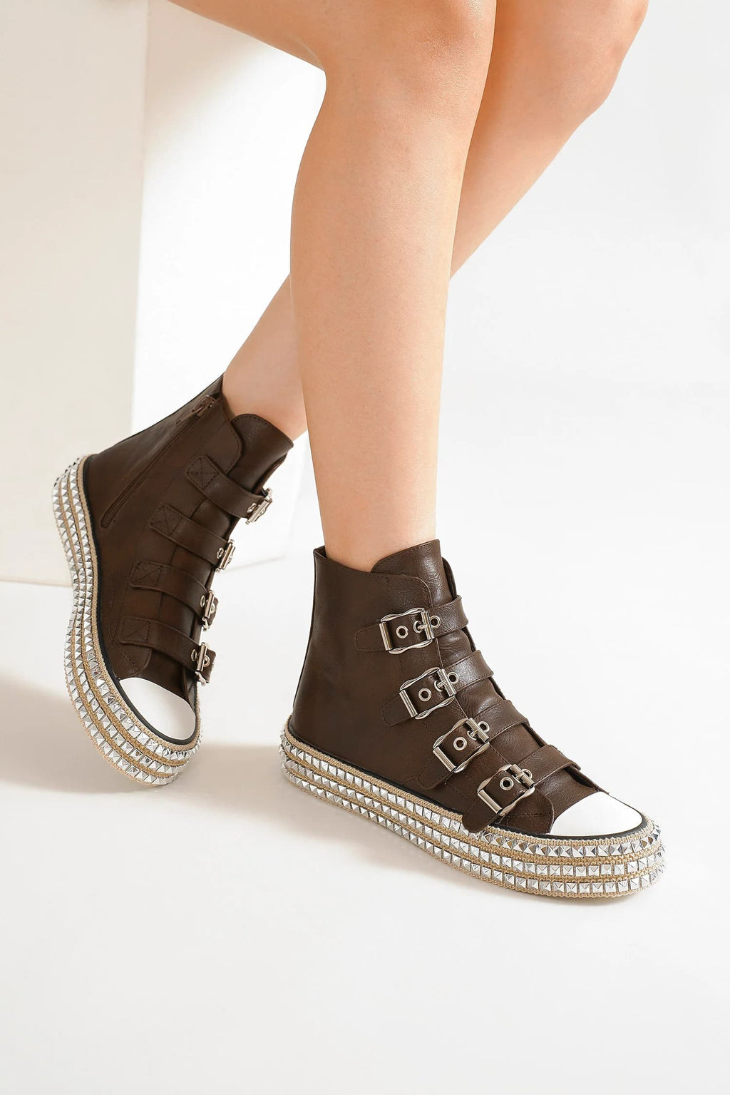 Beast Fashion Multi-Buckle Straps Studded Platform Sneakers - Laazaar