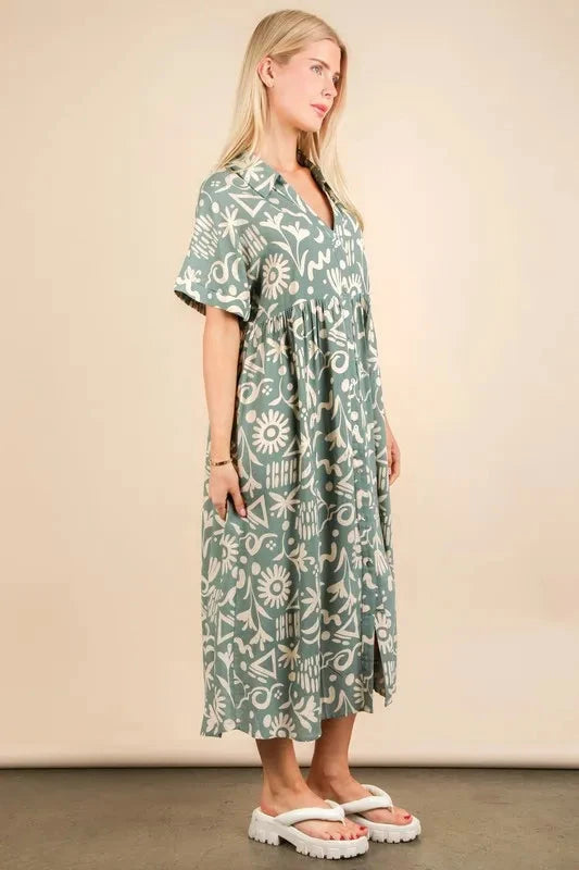 VERY J Oversized Printed Shirt Midi Dress